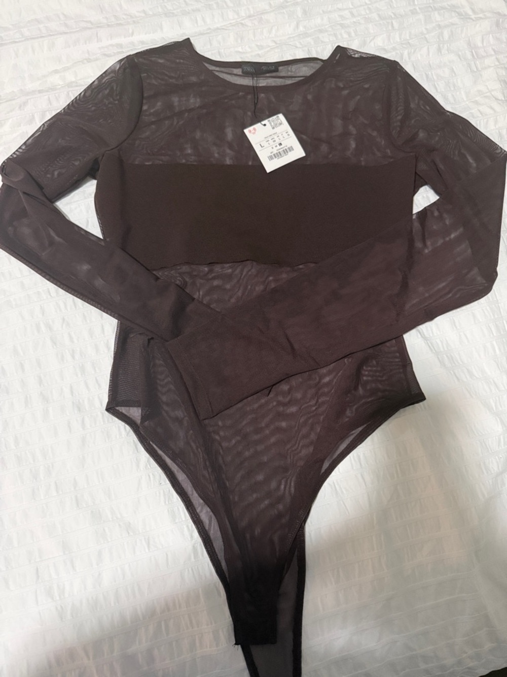 Zara Brown Sheer Mesh Long Sleeve Bodysuit